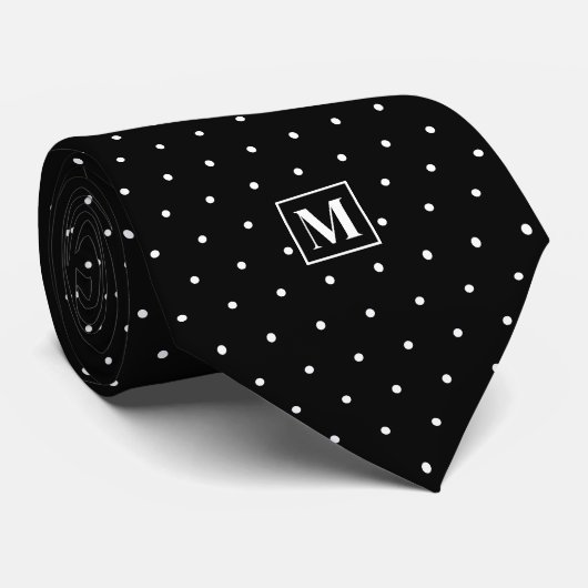 Black and White Polka Dot Pattern Monogram Stropdas (Opgerold)