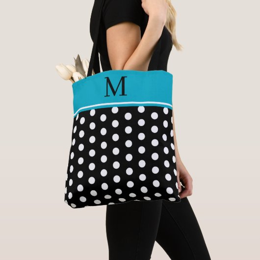 Black and White Polka Dot With Azure Blue Monogram Draagtas (Dichtbij)