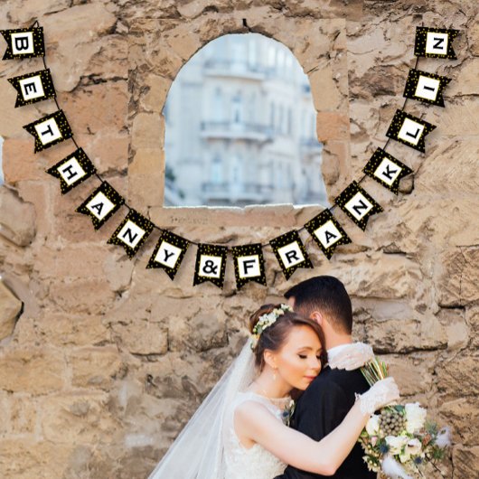 Black and White Random Gold Dot Patten Wedding Vlaggetjes