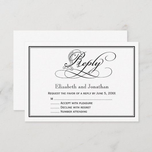 Black and White Royal Script Wedding Reply Kaart (Voorkant / Achterkant)
