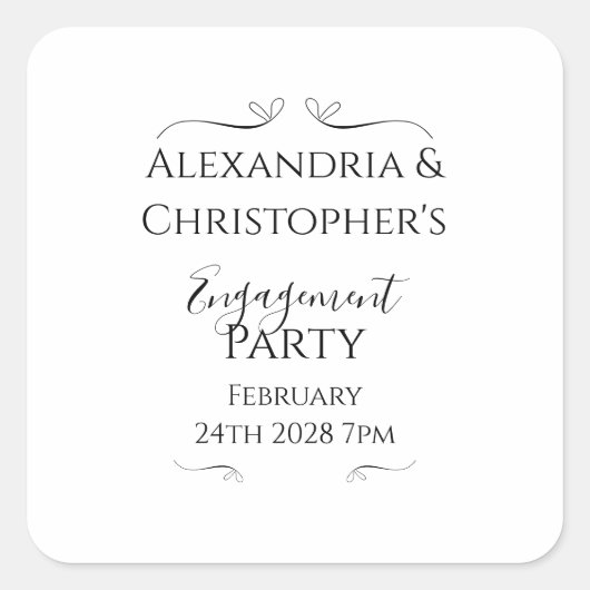 Black and White Script Minimal Engagement Party Vierkante Sticker (Voorkant)