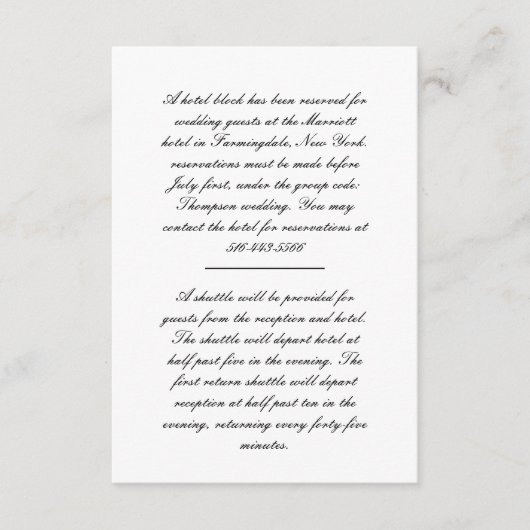 Black and White Script Wedding Hotel Informatiekaartje (Voorkant)