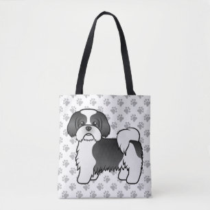 Black and White Shih Tzu Cute Cartoon Dog & Paws Draagtas