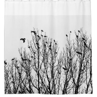 Black and White Shower Curtain, Bird, Trees Foto Douchegordijn