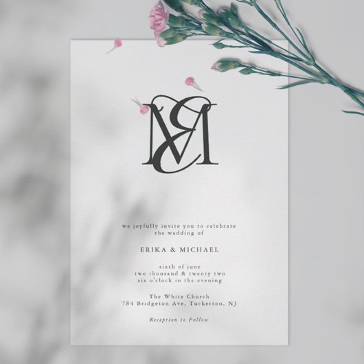 Black and White Simple Modern Monogram Weddenschap Kaart