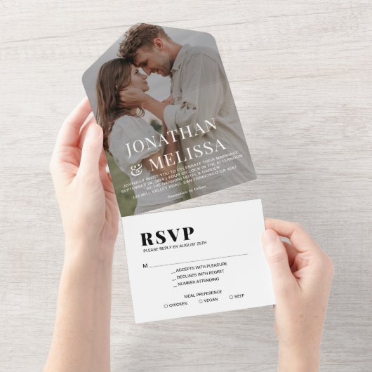 Black and White Simple Overlay Photo Wedding All In One Uitnodiging (Afscheurbaar)