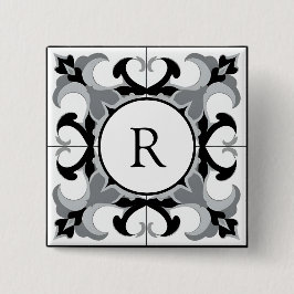 Black and White Spanish Style with Initial Vierkante Button 5,1 Cm