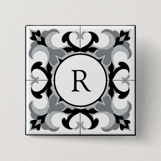 Black and White Spanish Style with Initial Vierkante Button 5,1 Cm