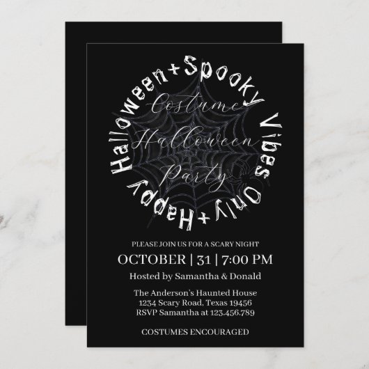 Black and White Spider Web Halloween Kostuumfeest Kaart (Voorkant / Achterkant)