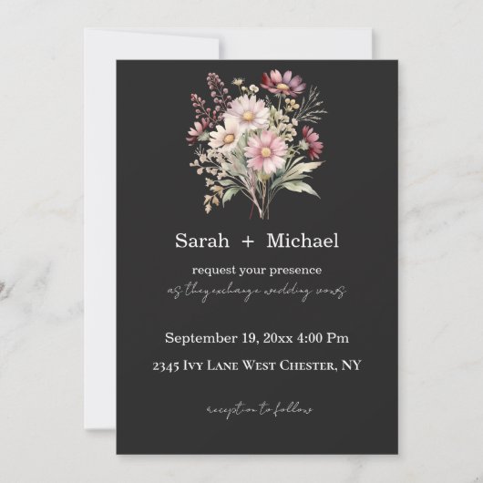 Black and White Spring Floral Wedding Invitation (Devant)