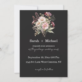 Black and White Spring Floral Wedding Invitation Kaart