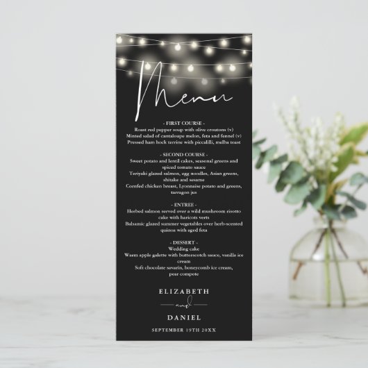 Black And White String Lights Wedding Dinner Menu (Staand voorkant)