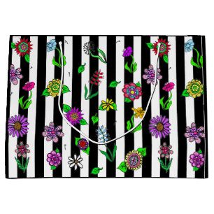 Black and White Striped Floral Groot Cadeauzakje