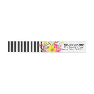Black and White Striped Folklore Flowers   geel Omwikkelbaar Adreslabel