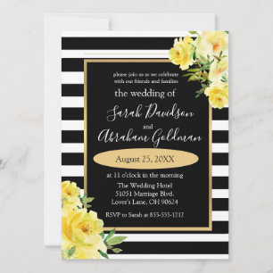 Black and White Stripes Flowers Rozen Wedding Inv Kaart
