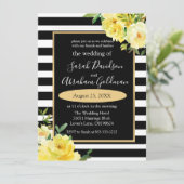 Black and White Stripes Flowers Rozen Wedding Inv Kaart (Staand voorkant)