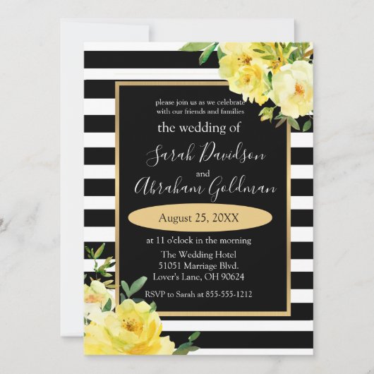 Black and White Stripes Flowers Rozen Wedding Inv Kaart (Voorkant)