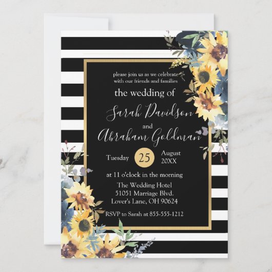 Black and White Stripes Flowers Sunflower Wedding Kaart (Voorkant)