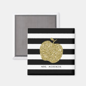Black and White Stripes Gold Apple Teacher Magnet (Recto/Verso)