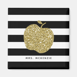 Black and White Stripes Gold Apple Teacher Magnet