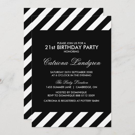 Black and White Stripes Invitation de fête d'anniv (Devant / Derrière)