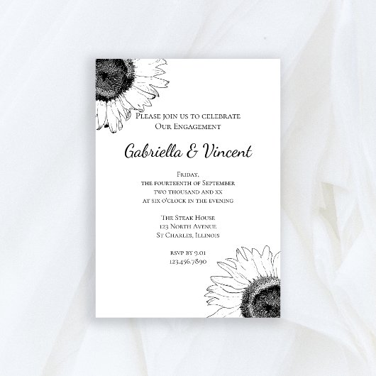 Black and White Sunflower Engagement Party Kaart