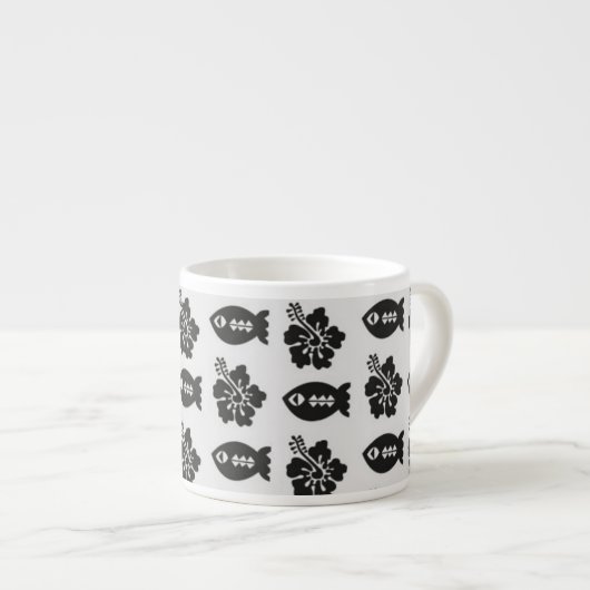 Black and White Tiki Fish and Flower Pattern Espresso Kop (Voorkant rechts)