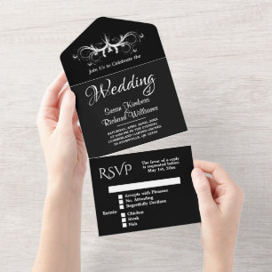 Black and White Tri Fold w Rsvp Weddenschap All-in All In One Uitnodiging