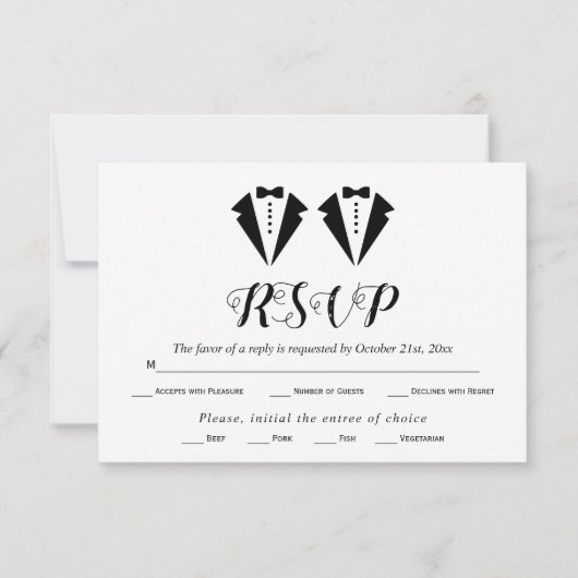 Black and white tuxedo two grooms gay wedding RSVP kaartje (Voorkant)