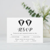 Black and white tuxedo two grooms gay wedding RSVP kaartje (Staand voorkant)