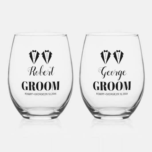 Black and white tuxedo two grooms gay wedding wijnglas zonder voet (Voorkant)