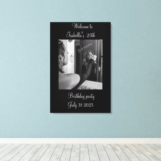 Black and white Welcome to the birthday party Canvas Afdruk (Insitu (Houten vloer))