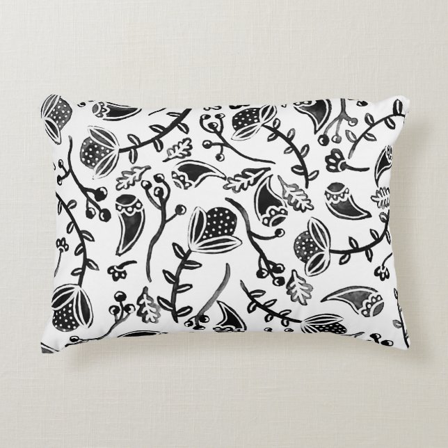 Black and White Woodland Floral Pattern Accent Kussen (Voorkant)