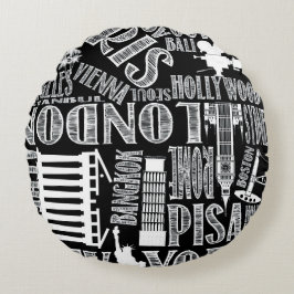 Black and White, World Cities Pillow Rond Kussen