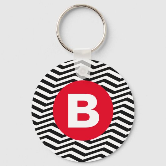 Black and White Zig Zag Pattern Red Monogram Sleutelhanger (Voorkant)