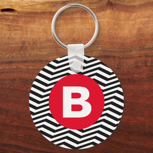 Black and White Zig Zag Pattern Red Monogram Sleutelhanger (Achterkant)