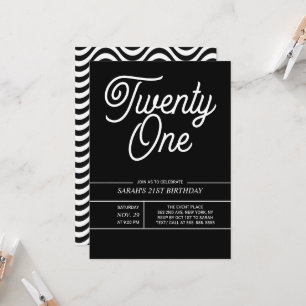 Black and Withe Modern 21st Birthday Party Kaart