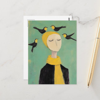 Black and Yellow Birds on Her Head Whimsy Painting Briefkaart