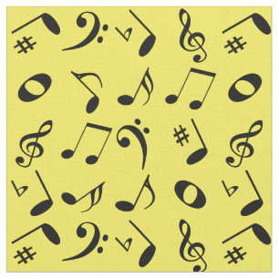 Black Angled Muzieknoten Pattern on Yellow Stof