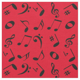 Black Angled Muzieknoten Pattern op Red Stof