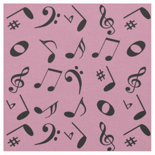 Black Angled Muzieknoten Pattern op Roze Stof