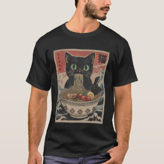 Black Anime Cat Ramen Noodles Japanese Funny Kawai T-shirt