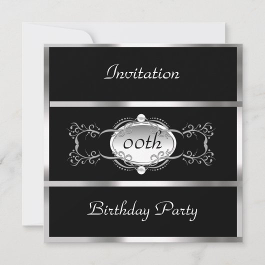 Black Any Birthday Invitation Black and Silver (Devant)