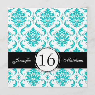 Black Aqua Damask Sweet Sixteen Party Invitation Kaart