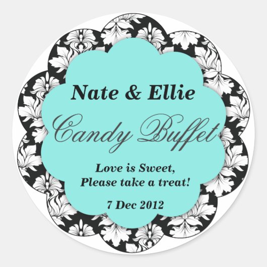 Black & Aqua Scallop Damask Snoep Buffet Sticker (Voorkant)