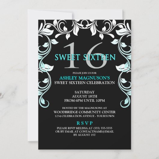 Black/Aqua Vines Sweet 16 Invitation (Devant)