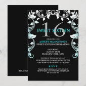 Black/Aqua Vines Sweet 16 Invitation (Devant / Derrière)