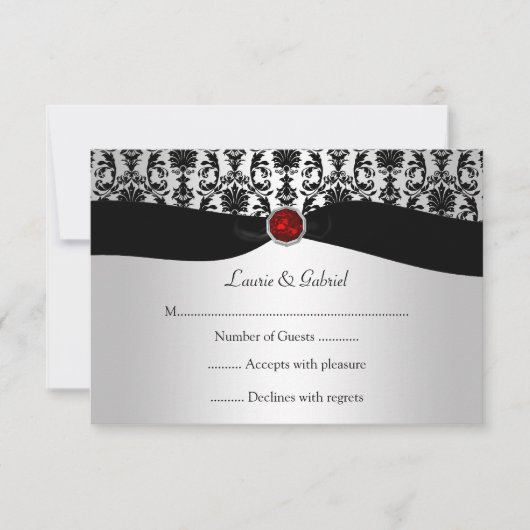 Black Argent Damask Red Jewel RSVP Invitation (Devant)