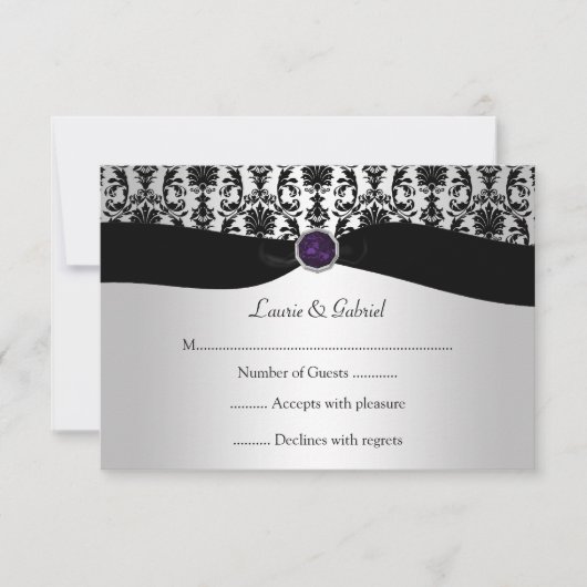 Black Argent Damask Violet Jewel RSVP Invitation (Devant)