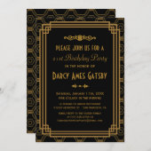 Black Art Deco Birthday Party nodigt Kaart (Voorkant / Achterkant)